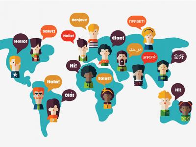 Imagem mostra desenhos de pessoas de vários países falando idiomas diferentes
