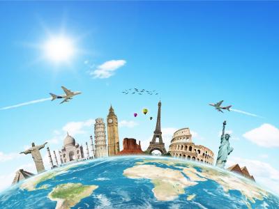 Ilustração mostra vários pontos turísticos do mundo sendo cortados por aviões