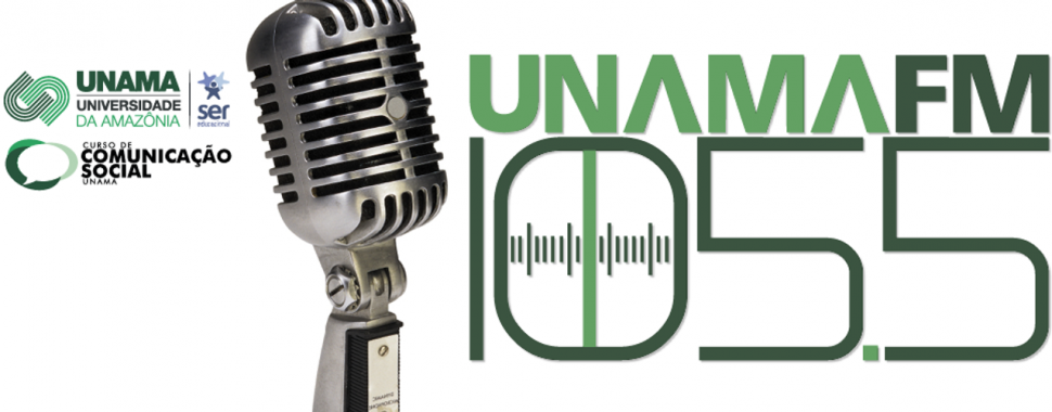Microfone em tamanho maior e marcas da Unama, Grupo Ser e do Curso de Comunicação Social Crédito: Rádio Unama FM