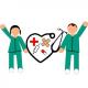 Ilustração mostra dois enfermeiros e símbolos da enfermagem